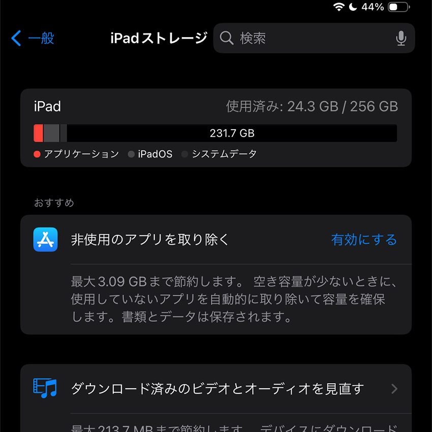 iPadのストレージ使用量確認画面