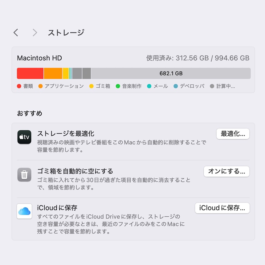 MacBookのストレージ使用量確認画面